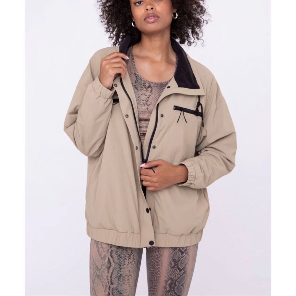 Mono B All Weather American Fleece Lined Bomber Jacket Khaki Size Medium